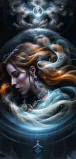 Fantasy art mobile wallpaper featuring a mystical woman with flowing hair.