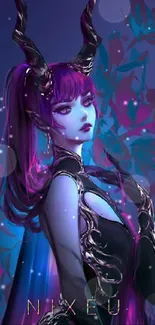 Fantasy digital art wallpaper with a horned figure in purple and blue hues.