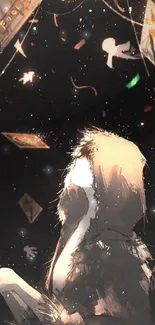 Mystical anime art wallpaper with floating cards and stars.