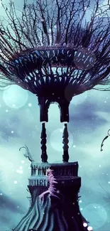 Mystical tower artwork in blue fantasy setting.