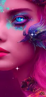 Mystical fantasy art with pink hair and blue eyes, perfect for wallpaper.