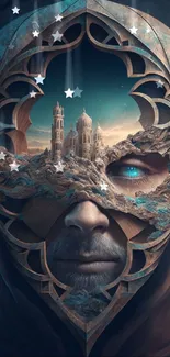 Fantasy artwork with mystical landscape and surreal design mask.