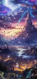 Mystical fantasy scene with a castle and vibrant sky.