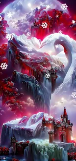 A vibrant fantasy castle with intense reds and dreamlike scenery.