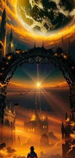 Fantasy cityscape with celestial elements and glowing warm hues.