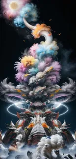 Mystical fantasy cloud tower with vibrant colors and ethereal design.