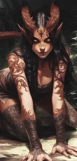 Fantasy creature with intricate tattoos and mystical design.