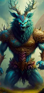 Fantasy creature with blue fur and horns in a mystical landscape.