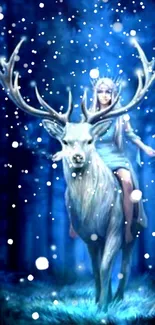 A mystical figure on a white deer in a blue-lit forest wallpaper.