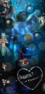 Mystical fantasy art with mermaids and cosmic elements in dark blue tones.