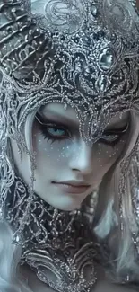 Mystical ice queen in silver armor, fantasy art.