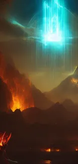 Fantasy scene with glowing blue and fiery mountains, perfect for mobile wallpaper.