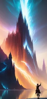 Mystical fantasy landscape with vibrant castle and light.