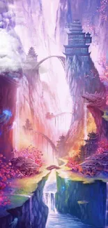 Fantasy world with temples and waterfall in a colorful, mystical mountain landscape.