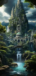 Mystical fantasy landscape with waterfall and lush greenery.