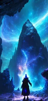 Mystical fantasy wallpaper with glowing mountain and silhouette under starry sky.