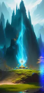 Fantasy landscape with glowing energy pillar and mountains, perfect for phones.