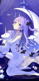 Anime girl with unicorn in a mystical moonlit setting.