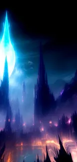 Ethereal fantasy nightscape with glowing towers and blue hues.