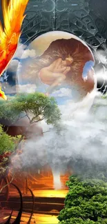 Fantasy wallpaper with a phoenix and nature elements.