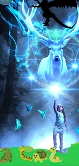 Mystical forest scene with glowing deer and a young girl pointing at butterflies.