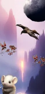 Fantasy wallpaper with eagle, mouse, and twilight backdrop.