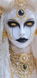 Mystical fantasy character with golden embellishments and striking yellow eyes.