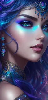 Mystical portrait with vibrant blue and exquisite details for phone wallpaper.