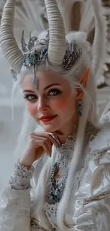 Fantasy portrait with mystical accessories and white tones.
