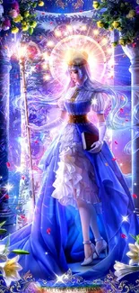 Fantasy princess with mystical glow and floral details on a vibrant blue wallpaper.