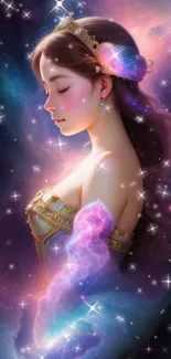 Elegant fantasy princess in cosmic galaxy setting.