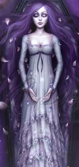 Fantasy wallpaper with a purple-haired figure in a gothic, mystical setting.