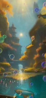 Mystical fantasy river scene with colorful bubbles and nature.