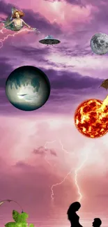 Fantasy sky wallpaper with planets, dragon, and purple hues.