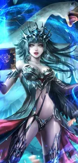 Fantasy sorceress with book in mystical blue aura.