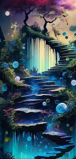 A fantasy stairway with waterfalls in magical art style.