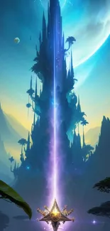 Fantasy tower under a glowing blue moon with mystical scenery.