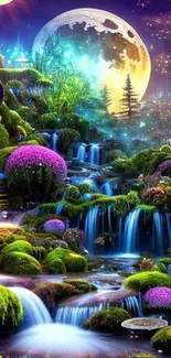Fantasy landscape with waterfalls and a large moon.