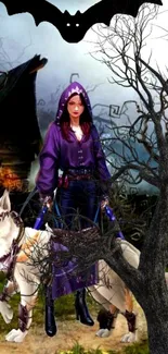 Mystical witch and wolf in eerie forest.