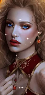 Fantasy art of a mystical woman with fiery auburn hair and blue eyes.