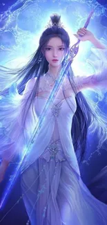 Mystical fantasy woman with glowing sword and ethereal blue ambiance.