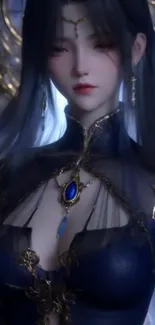 Mystical woman in blue gown with intricate jewelry.