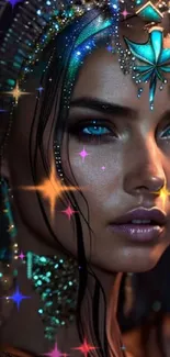 Mystical fantasy woman with blue eyes, adorned with colorful glowing lights.