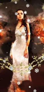 Fantasy woman with gown and golden frame in dark mystical theme.