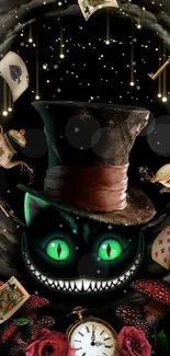 Whimsical wonderland art with teacups, cards, and mysterious cat eyes.