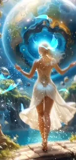 Mystical fantasy scene with a woman in a magical world.