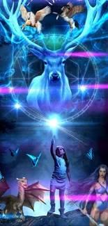 Magical fantasy mobile wallpaper with blue deer and mystical creatures.