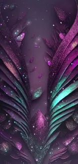 Mystical feather-inspired wallpaper with vibrant purples and greens.