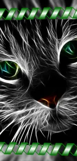 Neon-styled close-up of cat with glowing green eyes.