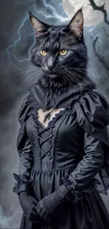 Gothic cat portrait in black dress under moonlight.